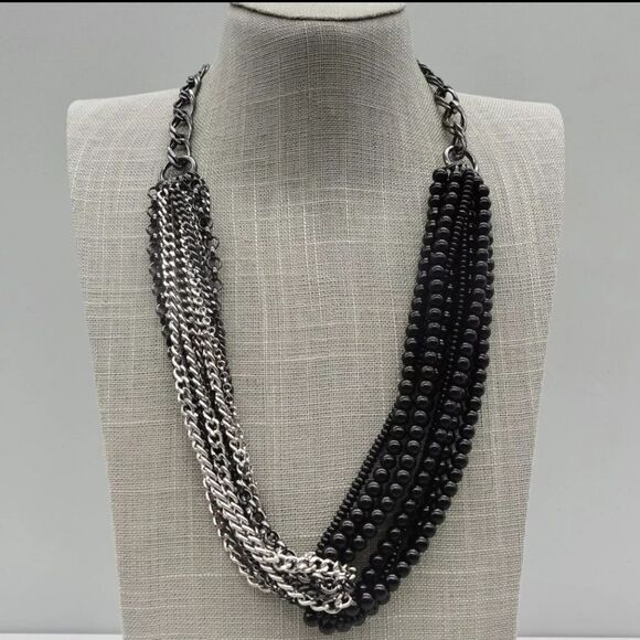 Talbots Necklace Modern Black Beaded Silver Tone Gunmetal Layered Chains 24 Inch - Picture 6 of 10